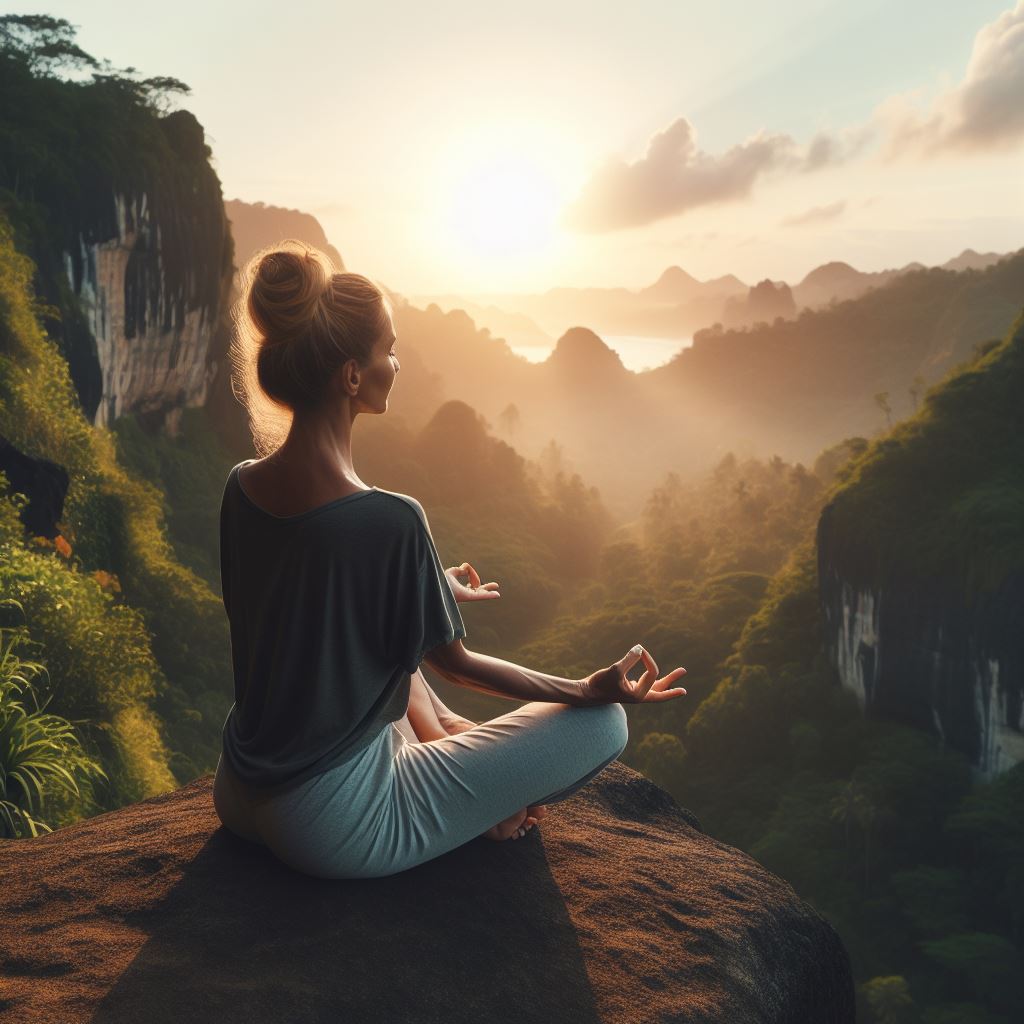 A lady meditating on a mountain top.