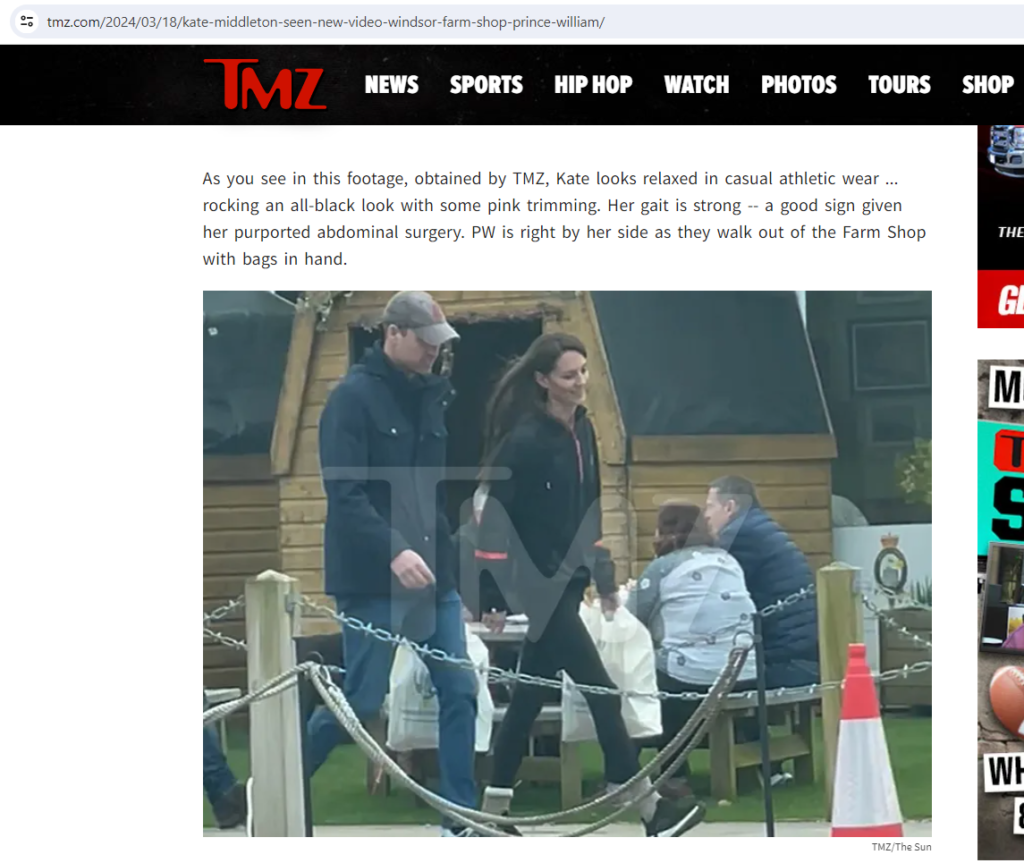 Screenshot from TMZ showing 2 people who were possibly William and Kate walking through a farmer's market