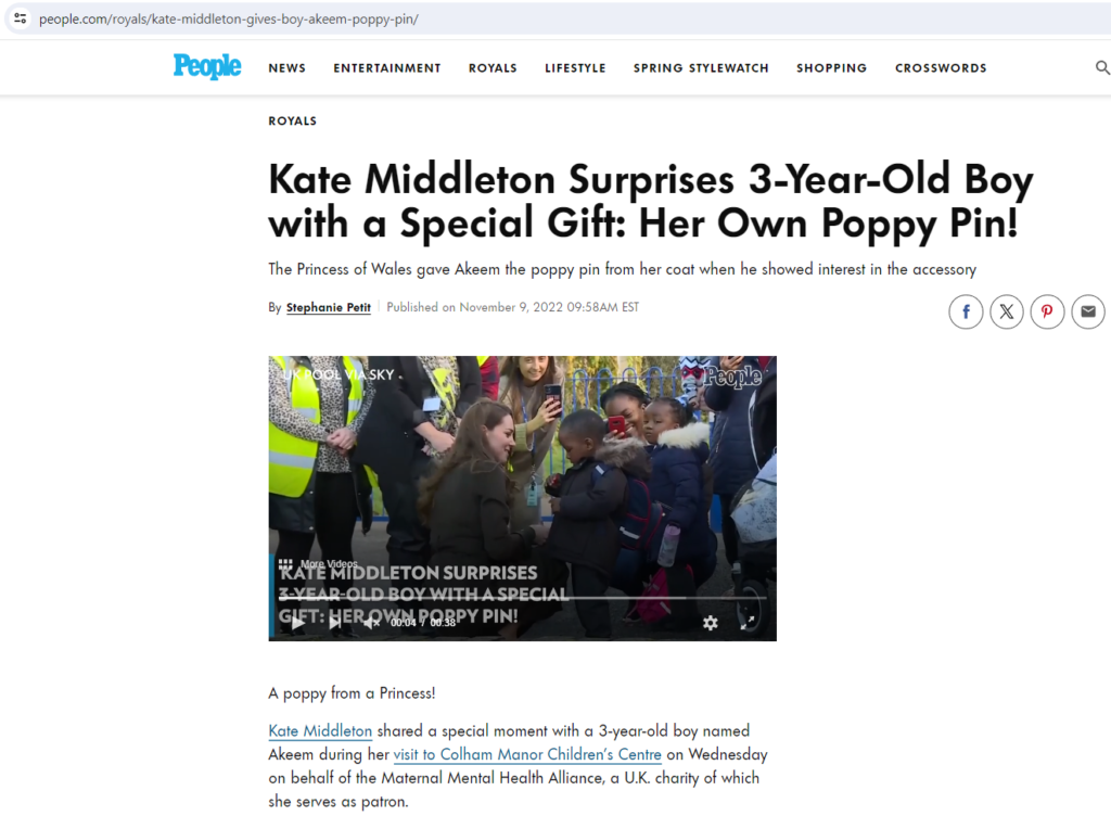 Screenshot from People magazine website showing Kate Middleton giving a 3 year old her poppy pin.