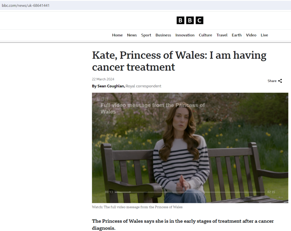 Screenshot from BBC showing Kate Middleton on a bench as she announced her cancer diagnosis.